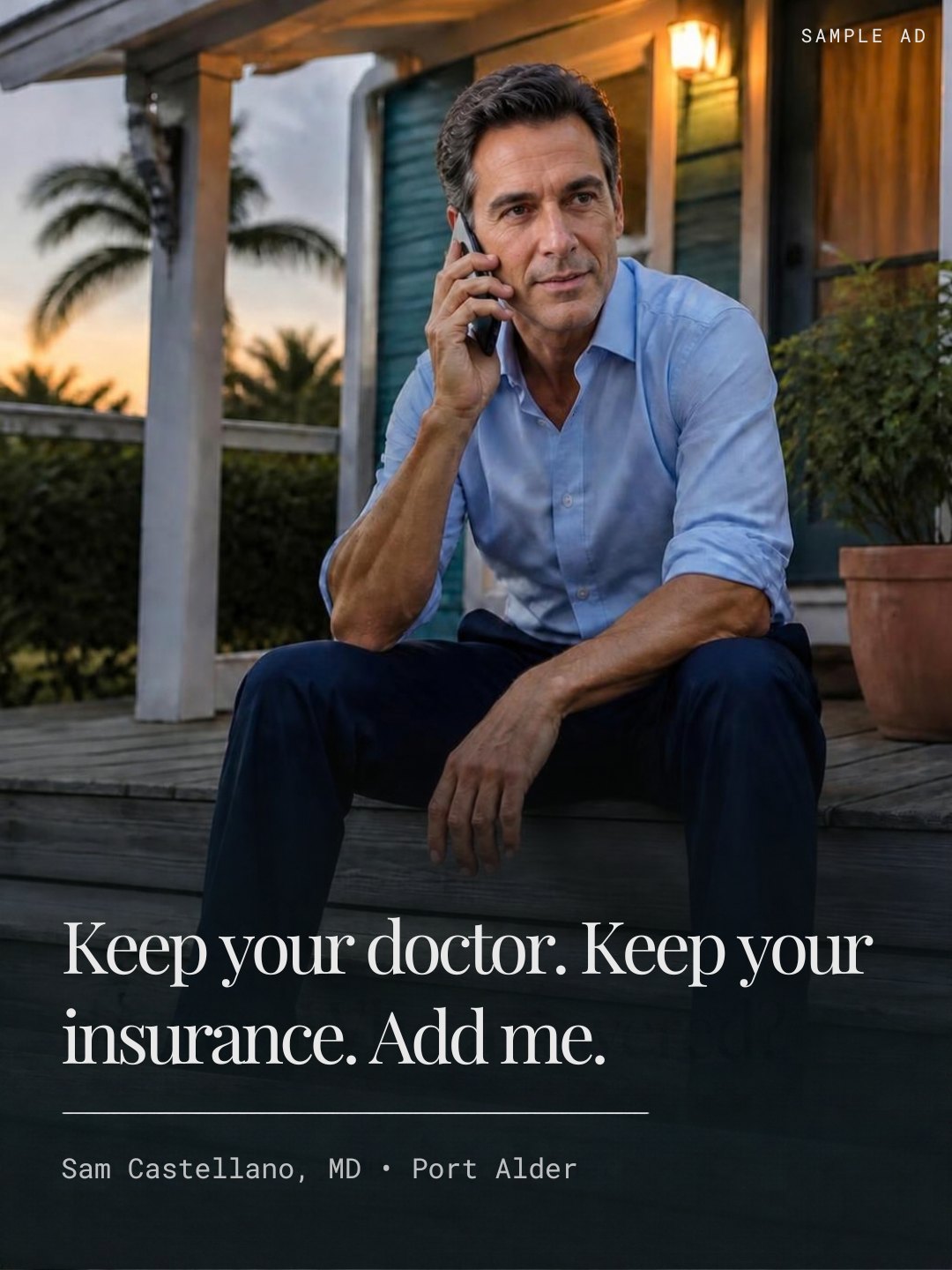 Sample ad: Keep your doctor. Keep your insurance. Add me. Sam Castellano, MD, Port Alder.