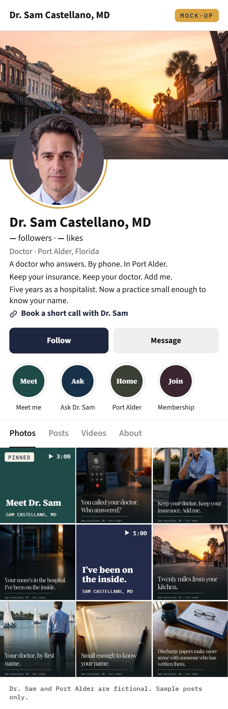 Mock-up of Dr. Sam Castellano&rsquo;s Facebook page, with his key art as posts.