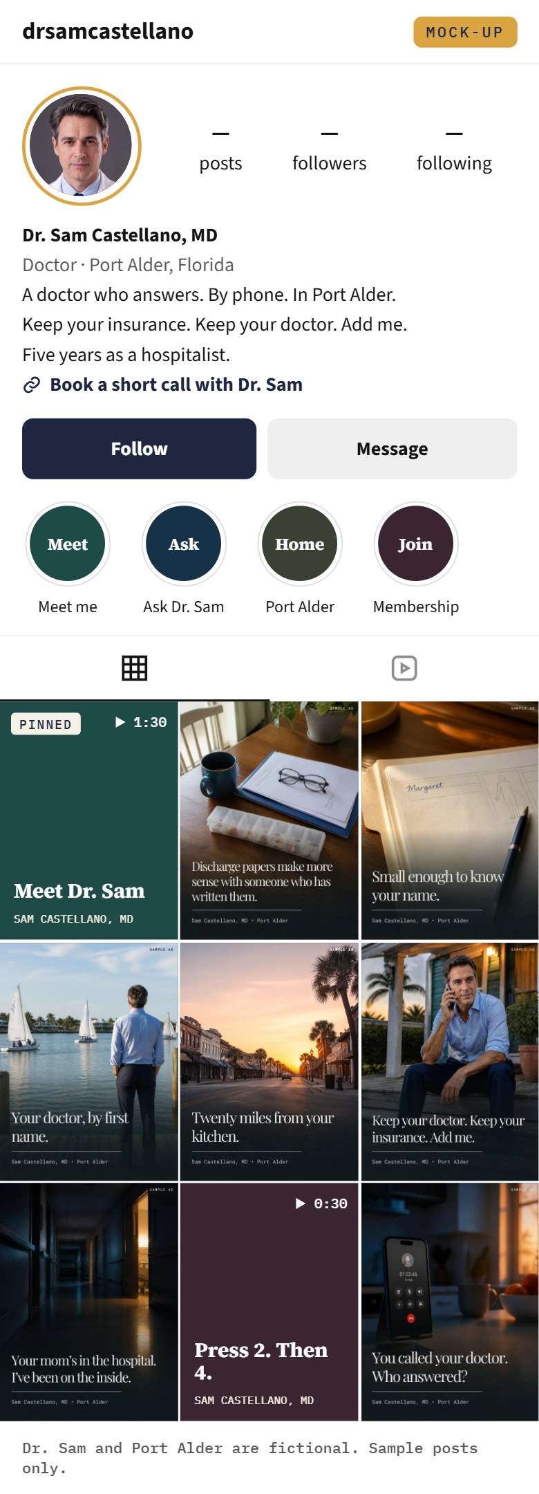Mock-up of Dr. Sam Castellano&rsquo;s Instagram profile, with his key art as posts.