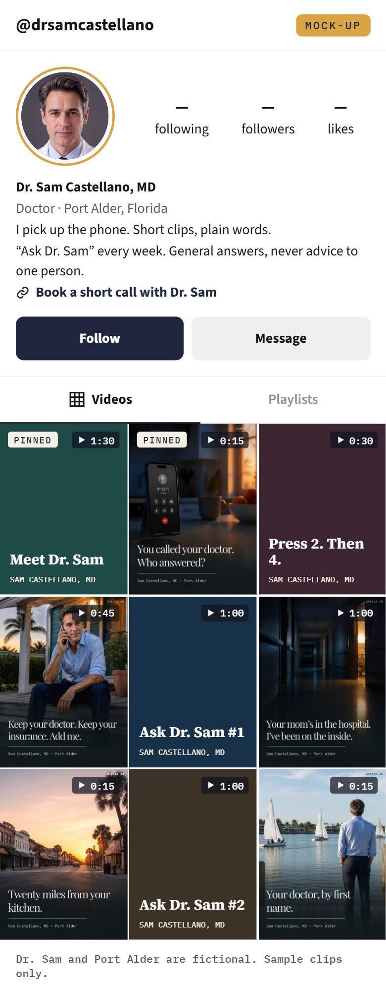Mock-up of Dr. Sam Castellano&rsquo;s TikTok profile, with his clips as videos.